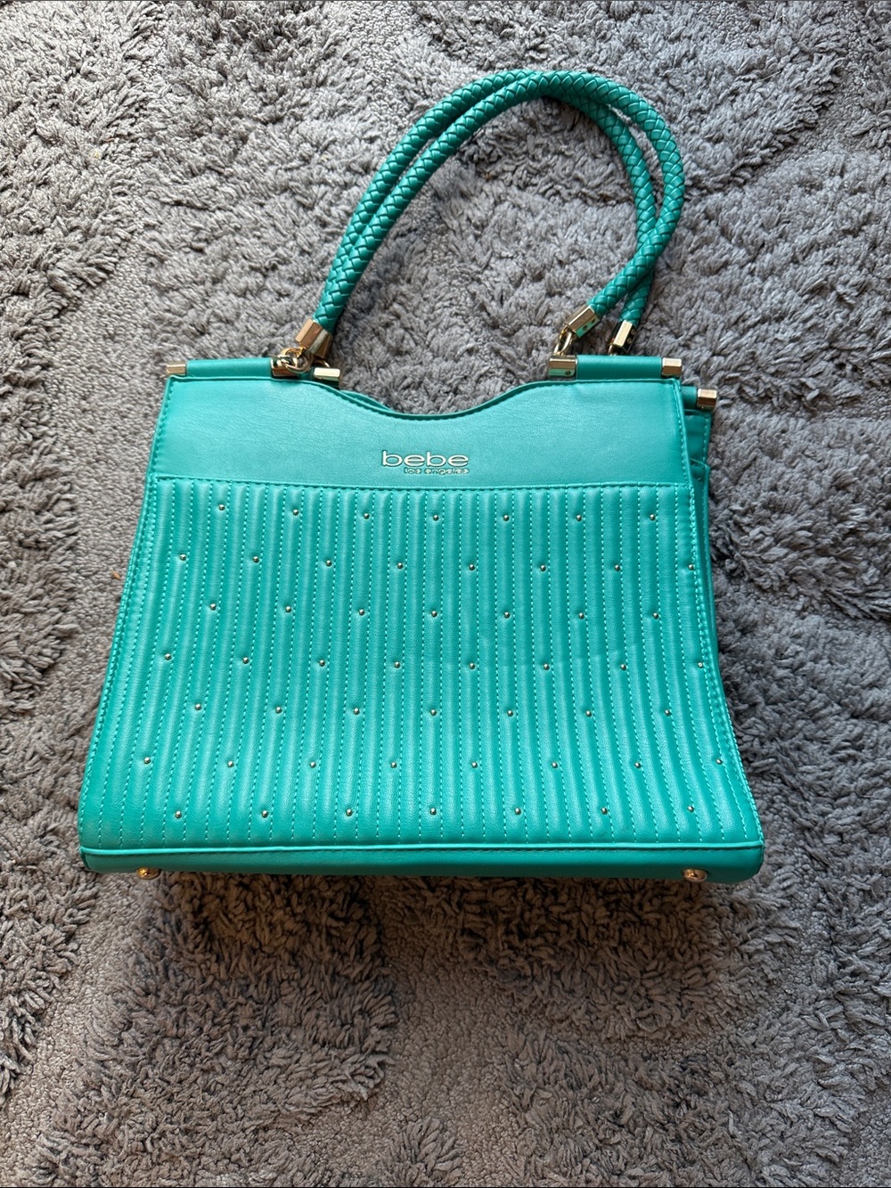 bebe Teal Quilted Stud Tote with Braided Handles